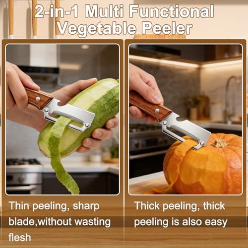 2PCS Multi Functional Premium Vegetable Peeler with Wooden Handle and Bottle Opener,Stainless Steel Blade Kitchen Tool for Fruit Apple Potato Pumpkin Papaya Carrot