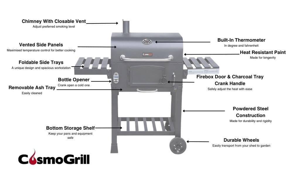 CosmoGrill Outdoor XL Smoker Barbecue Charcoal Portable BBQ Grill, 2 Folding Side Table, Built-in Thermometer, Adjustable Charcoal Pan & Chimney, Wheels, Large Coal BBQ Smoker for Home Garden Cooking — view 4