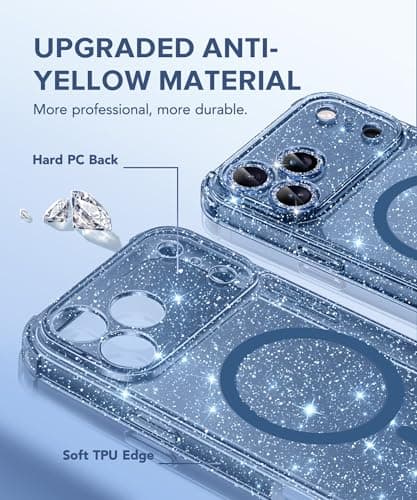 BERFY for iPhone 17 Pro Max Case for Women, Compatible with MagSafe, Clear Glitter Shockproof Protective Case, Anti-Yellowing, with Screen Protector Covers 6.9", Sparkle Blue — view 3