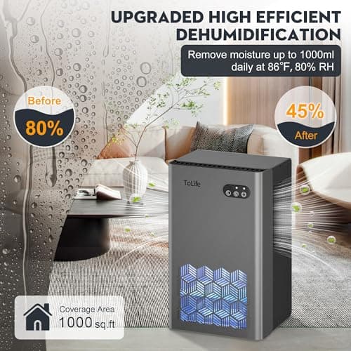 ToLife Dehumidifiers for Home, 1000 sq.ft Dehumidifier for Basement Bedroom Bathroom with 95 OZ Water Tank Auto Shut Off 7 Colors LED Light, Grey