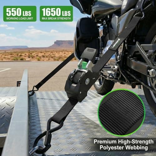 Retractable Ratchet Straps (4-Pack) - 1 Inch x 10 Feet (1,650lb Break Strength) - Heavy Duty Auto Self Retracting Tie Down Straps for Motorcycle, ATV, UTV, Truck, Cargo Trailer - Black — view 3