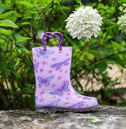 OUTEE Toddler Girls Rain Boots Little Kids Baby child Light Up Waterproof Rubber Shoes Butterfly Printed Mud Lightweight Adorable with Easy-On Handles Non Slip Sole Purple Size 8