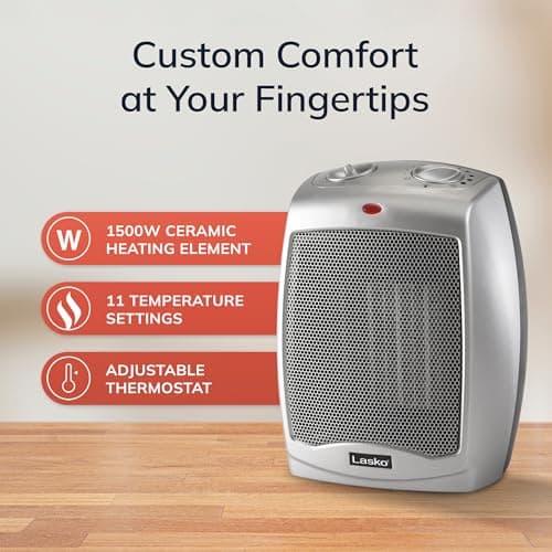 Lasko Desktop Electric Ceramic Space Heater with Adjustable Thermostat, 2 Heat Settings and Fan Only Mode, 9.2 Inches, Silver, 754200 — view 5