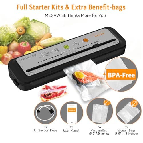 Updated Vacuum Sealer Machine 2025, MEGAWISE Food Sealer w/Starter Kit, Dry & Moist Food Modes, Compact Design with 10 Vacuum Bags & Built-in Cutter (Grey) — view 2