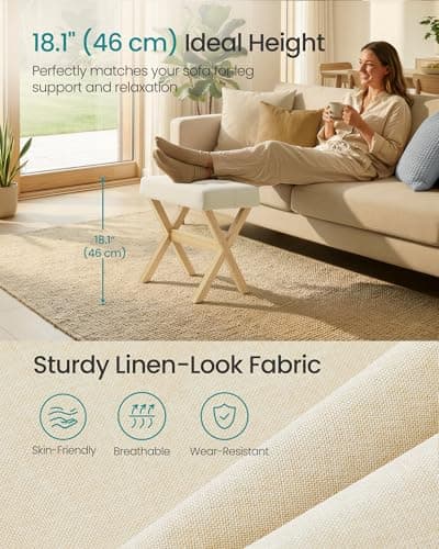 SONGMICS Makeup Stool, Padded Vanity Stool, Foot Rest, Solid Wood X Legs, for Bedroom, Closet, Entryway, 12.6 x 16.5 x 18.1 Inches, Summer Sand and Natural Beige ULSF006LF02 — view 3