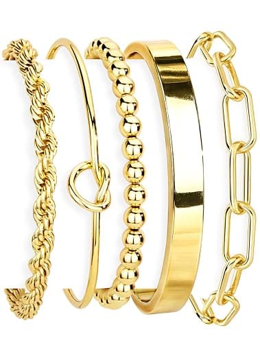 Gokeey Gold Cuff Bracelets for Women Trendy Waterproof, 14K Gold Plated Chunky Gold Bangles Beaded Bracelet for Women Fashion Accessories, Stackable Rope Forever Love Knot Infinity Paperclip Cuban Twist Bracelets Stack Set Bold Vintage Statement Jewelry