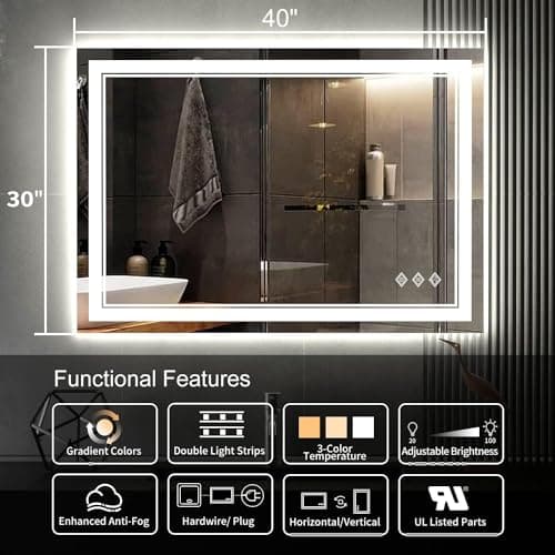 VanPokins Lighted Bathroom Mirror, 40x30 Inch Gradient Front and Backlit LED Bathroom Mirror, 3 Colors Dimmable CRI>90 Double Lights, Enhanced Anti-Fog, Hanging Plates Wall Mount LED Mirror