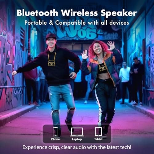 Portable Bluetooth Speakers, Retro Speakers Bluetooth Wireless Wearable Mini Bluetooth Boombox with 27” Neck Chain, FM Radio, On-Board Buttons, Dual 3W Peak Power Bluetooth Speaker for Home & Travel — view 2