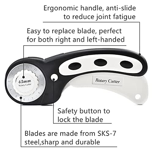 Headley Tools 45mm Rotary Cutter with 7pcs Extra Blades, Ergonomic Handle Rolling Cutter with Safety Lock for Crafting, Sewing, Quilting, Fabric Rotary Cutter Perfect for Left & Right Hand (Black)