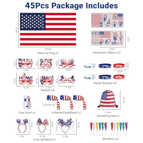 Vryxond 45pcs 2026 World Soccer Cup Fan Gear Set USA Team Fans Kit Game Day Flag Whistle Stickers Face Paint Drawstring Bag Wristband and Headband Set Gifts and Parade Supplies for Soccer Fans
