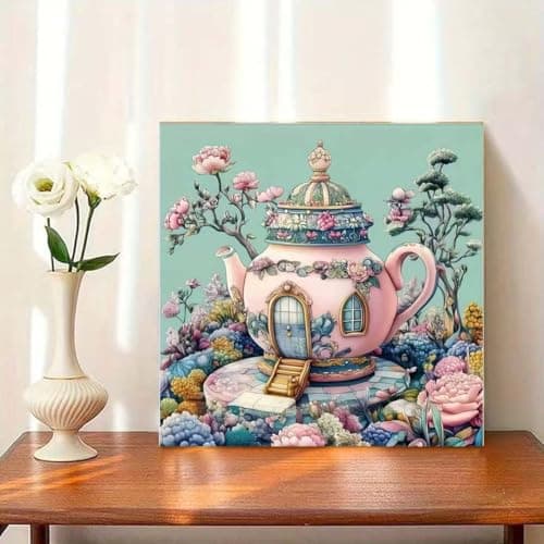Teapot Castle Diamond Art Kits for Adults,5D Diamond Painting Kits for Beginner,DIY Full Round Drill Flower Diamond Dot Gem Painting With Dot Art Craft Kits for Home Wall Decor 13.79 x 13.79inch — view 3