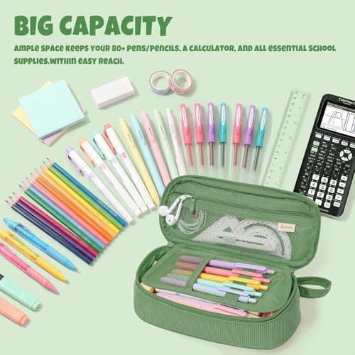 SUNEE Cute Pencil Case, Large Capacity Pencil Pouch, Soft Corduroy Pencil Bag, Big Storage Pen Organizer for Stationery, Aesthetic Zipper Pencil Box, Back to School Supplies for Teen Girls Boys, Green