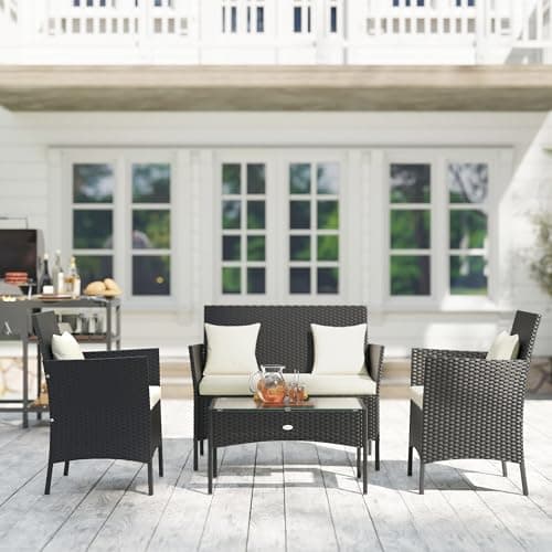 Outsunny 4-Piece Patio Furniture Set, Outdoor Conversation Set with Washable Cushions, Tempered Glass Tabletop, PE Rattan Wicker Chairs & Sofa for Porch, Lawn, Porch, Pool — view 5