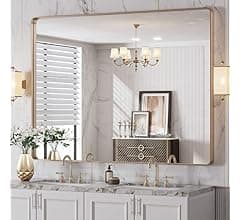 LOAAO 48”X36” Gold Bathroom Mirror, Rounded Rectangle Gold Frame Mirror, Brushed Gold Bathroom Vanity Mirror Wall-Mounted, Anti-Rust, Tempered Glass, Hangs Horizontally or Vertically