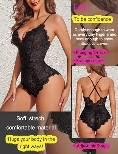 Avidlove Women One Piece Lingerie Deep V Teddy Sexy Lace Bodysuit Snap Crotch Babydoll(Double Layers - Black,XXL) — view 5