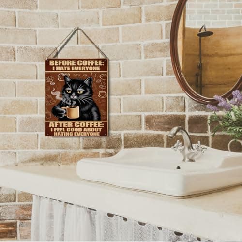 Before Coffee I Hate Everyone After Coffee I Feel Good About Hating Everyone Black Cat Hanging Plaque, 6.7 x 10 Inches Funny Wall Decor for Kitchen, Office, Home — view 5