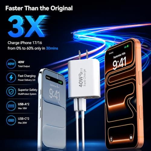 USB C Wall Fast Charger Block, 40W 4-Port Type C Charger Fast Charging Blocks PD Power Charger Adapter+QC 3.0 USB Multiport Charger Brick for iPhone 17/16/15/14/13/12 Pro Max, iPad, Galaxy S25-2Pack — view 4