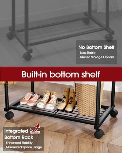 Sakugi Clothing Rack - Double Rod Coat Rack with Fixed Extension Bar, Built-In Mesh Shelf & Lockable Wheels, Multi-Purpose Clothes Rack for Bedroom, Laundry, Entryway, 98cm x 42cm x 150cm, Black — view 3