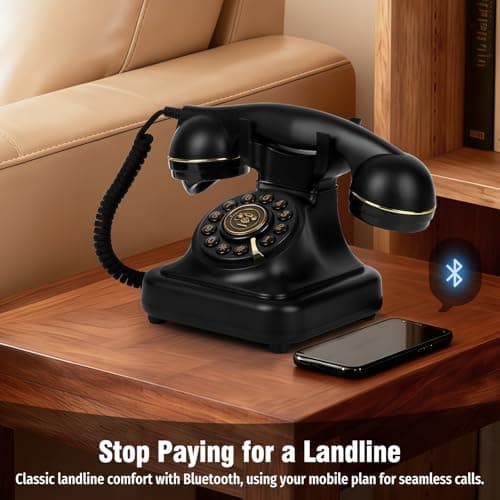 Sangyn Retro Bluetooth Landline Phone with Voice Assistant, Compatible with Android & iOS, Wireless Home Telephone with Volume Control, USB Rechargeable, Black — view 2