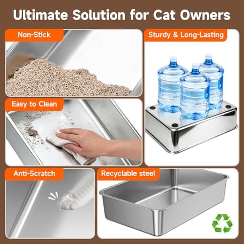 Extra Large Stainless Steel Litter Box with Lid, XL Odor Free Metal Litter Box with High Sides for Big Cats, Open Top Easy Cleaning Kitty Box Anti-Urine Leakage, Non-Sticky, Include Scoop, Black — view 3