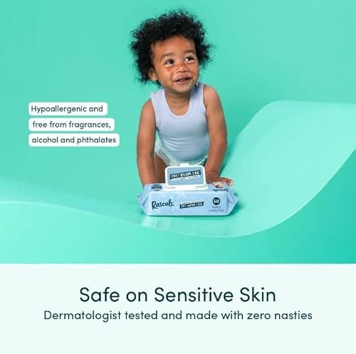 Rascals Premium Baby Wipes, 99% Water, 480 Count, Plastic-Free, Hypoallergenic, pH Balanced, Gentle for Daily Use