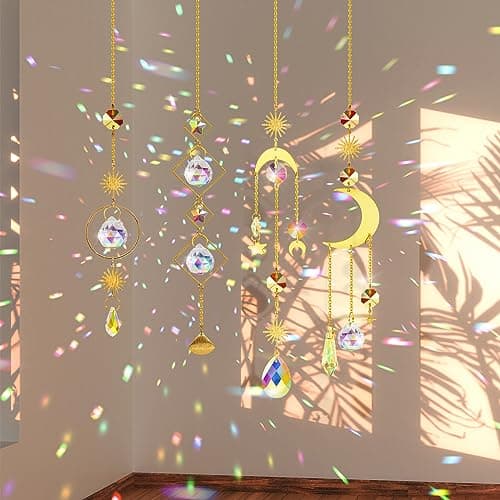 Sun Catchers Indoor Window - 4Pcs Colorful Crystal Suncatchers with 4Pcs PVC Suction Cup Hooks, Hanging Suncatcher for Window with Chain Pendant Ornament, Prism Suncatcher for Home Garden Decoration — view 5