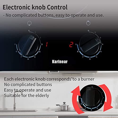 Karinear 2 Burner Electric Cooktop 12 Inch Built-in Electric Stove Top, 220v- 240v Radiant Cooktop with Residual Heat Indicator, Knob Control, Over-Temperature Protection, Hard Wire(No Plug) — view 2