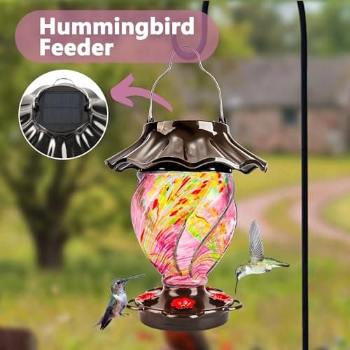 LUJII Solar Powered Hummingbird Feeder for Outside, Hand Blown Glass, 35 fl.oz, Leak-Proof & Waterproof, Metal Base, Lighted Lantern for Garden Decor, Unique Gift for Bird Lovers, Purple — view 3