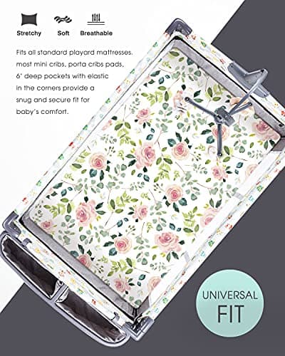 GRSSDER Stretchy Ultra Soft Jersey Knit Fitted Pack n Play Sheets Set 2 Pack, Portable/Mini Crib Sheets, Snug and Safe Playards Sheet for Baby, Pink Rose Stylish Print — view 2