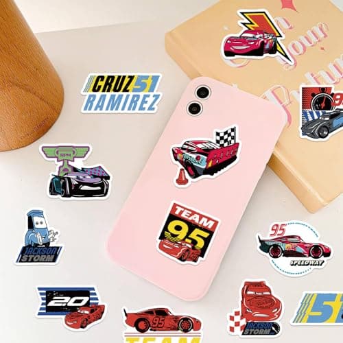 100PCS Cartoon Movie Cars Stickers for Kids,Vinyl Waterproof Princess Decal for Water Bottle Laptop Toy Sticker for DIY Decorate Bumper Phone Hard Hat Kids Teens Gifts (CAR) — view 4