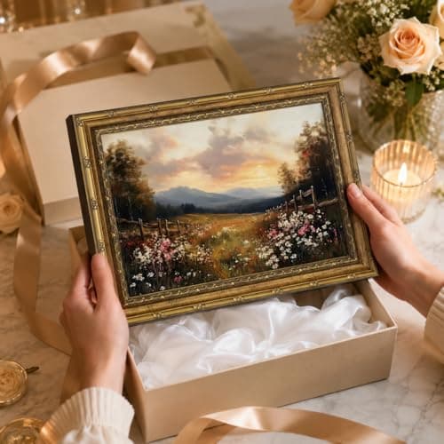 Vintage Gold Framed Wall Art, Retro Wildflower Canvas Print, Rustic Farmhouse Sunset Painting for Living Room, Bedroom, Office, 9x11 Inch — view 6