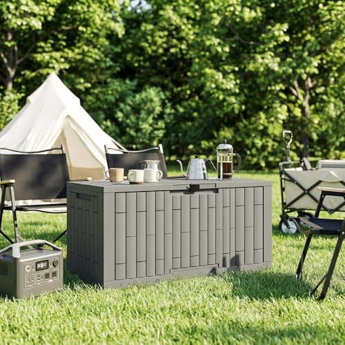 Outsunny 120 Gallon Resin Deck Box, Lockable Outdoor Storage Box with Safe Pneumatic Rods, Splash-Resistant & UV Resistant Patio Storage Container for Garden Tools, Pool Supplies — view 8