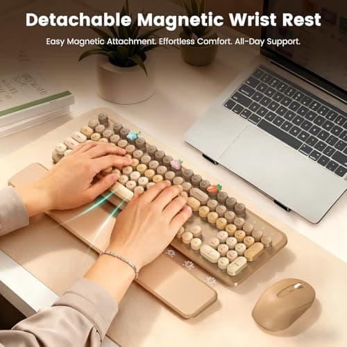 Wireless Keyboard and Mouse Combo, Full-Size Retro Typewriter Keyboard with Round Keycaps, Magnetic Wrist Rest & Tilt Legs, 2.4GHz Cordless for Mac/Windows PC/Laptop, SABLUTE CK23, Latte Gradient