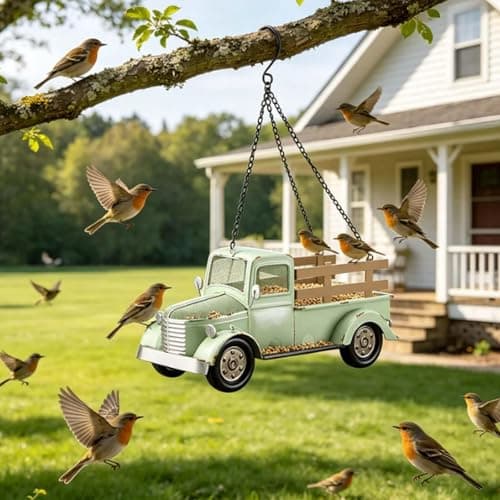 Vintage Truck Bird Feeder, Retro Pickup with Chain, Weather Resistant Metal Wild for Garden Patio Backyard Decor — view 4
