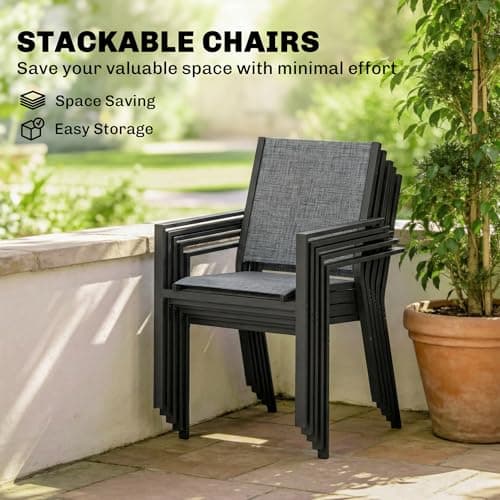 Outsunny 7 Pieces Outdoor Dining Set for 6, Rectangle Wood Effect Metal Patio Table and Mesh Stackable Chairs with Umbrella Hole, Patio Furniture Set for Garden, Yard, Black — view 4