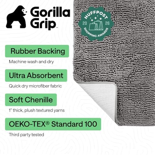 GORILLA GRIP Bath Mat, Thick Soft Absorbent Chenille Floor Mats, Rubber Backing Bathmat, Quick Dry Rug, Machine Washable Rugs for Shower and Tub Floors, Bathroom Accessories Decor, 61x43 cm, Grey