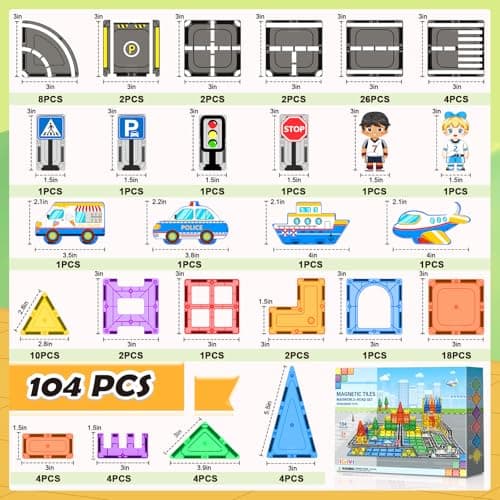 IGIVI 104 PCS Magnetic Tiles Road Set, STEM Construction Toys for Kids Ages 3-5 5-7 4-8, Magnet Building Blocks for Toddler Toys Games, Christmas Birthday Gifts for 3+ Year Old Boys Girls — view 5