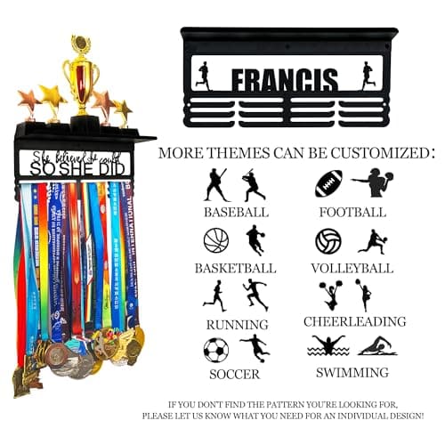 Goutoports Personalized Medal Hanger Display Trophy Shelf - Sports Medal Display Rack with Wooden -Custom Text Color and Images for Athletes - 4ROW - AA-Mixed Patterns — view 2