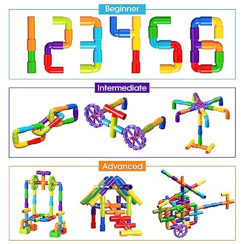 burgkidz STEM Learning Pipe Tube Toy, Sensory Toys, Tube Locks Construction Building Blocks, Educational STEM Building Learning Toys with Wheels Baseplate for All Ages Kids Boys Girls, 188 Pcs — view 4