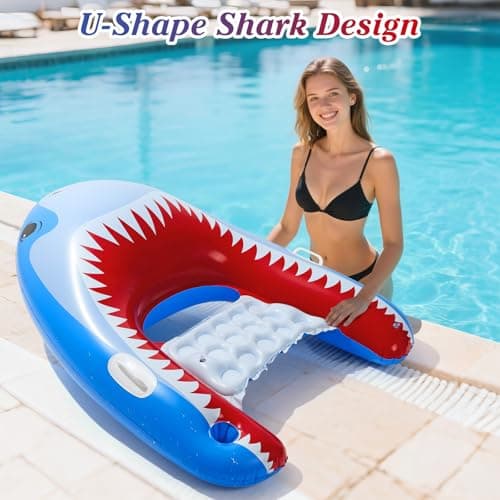 HeySplash Pool Floats Adult, Shark Pool Float Chair with Cup Holder for Adults, Inflatable Pool Float Lounge with Handles, Inflatable Floats for Swimming Pool Beach Lake River Water Party, Blue Shark