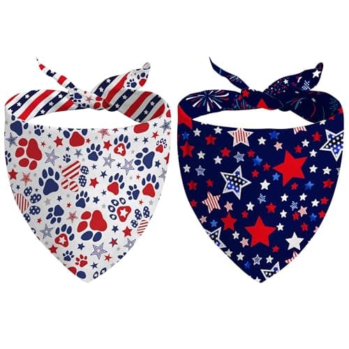 4th of July Dog Bandana Reversible 2 Pack Small, Red White and Blue Dog Paw Star Patriotic Dogs Bandanas Set Adjustable Triangle Holiday Scarves for Memorial Day Small Medium Boy Girl Dogs