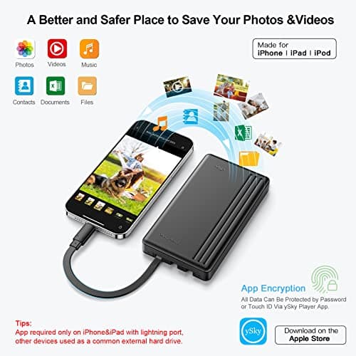 ySky MFi Certified 500G Portable External Hard Drive for iPhone iPad MacBook Windows Computer USB C Android Phones to Backup,Photo Stick for iPhone17/16/15/14/13((one Click Backup) — view 3