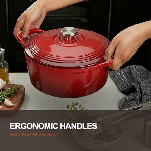 Overmont Enameled Cast Iron Dutch Oven - 5.5QT Pot with Wide Handles Lid Cookbook & Cotton Potholders - Heavy-Duty Pre-Seasoned Cookware Oven Safe to 500°F for Braising, Stews, Roasting, Sourdough Baking — view 2