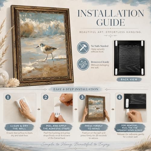 Vintage Framed Coastal Wall Art,Beach Sandpiper Bird Oil Painting, Antique Gold Ornate Frame, Seaside Ocean Waves Canvas Decor for Beach House, Bathroom, Living Room 11" L x 9" W — view 2