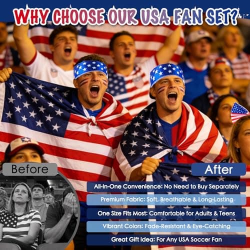 2026 USA Soccer Fan Accessories Set, Patriotic Independence Day Bundle with Flag, Shawl, Scarf, Headband and Drawstring Bag for Sports Events & July 4th Festivities (United States) — view 3