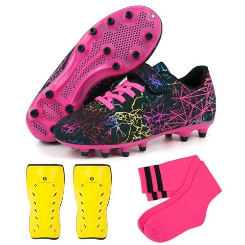 brooman Kids Firm Ground Soccer Cleats Girls Football Cleats with Shin Guards and Soccer Socks (8 CA,Black Fuchsia)