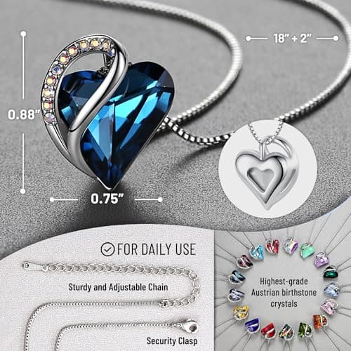 Leafael Gift Necklaces for Women, Infinity Love Birthstone Heart Pendant, Bermuda Sapphire Blue Crystal for September, Birthday Jewelry for Mom and Wife, Silver Plated, 18" + 2" Chain — view 2