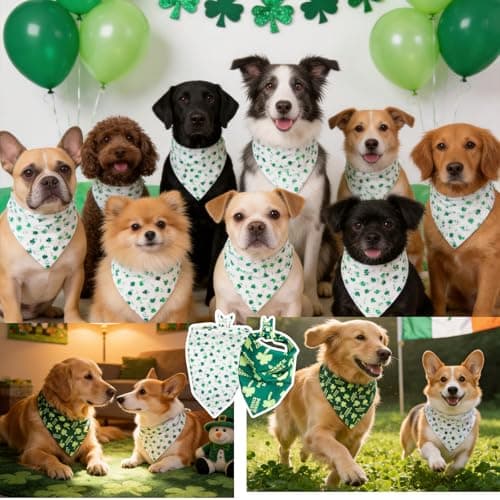 Dimidium 2-Pack St Patricks Day Dog Bandanas Set - Doggie Kisses Shamrock Wishes & Mini 3-Leaf Shamrock Print, Adjustable Snap Button Irish Holiday Scarf for Medium & Large Breeds(15-40kg)