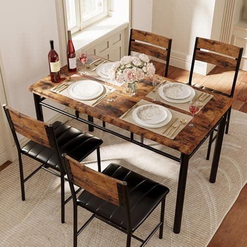 IRONCK Dining Table Set for 4, Wood Kitchen Table with Upholstered Chairs for Kitchen Room and Small Spaces (Rustic Brown) — view 2