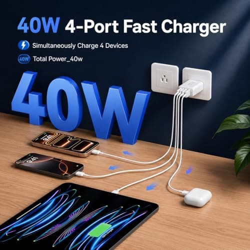 USB C Wall Fast Charger Block, 40W 4-Port Type C Charger Fast Charging Blocks PD Power Charger Adapter+QC 3.0 USB Multiport Charger Brick for iPhone 17/16/15/14/13/12 Pro Max, iPad, Galaxy S25-2Pack — view 2